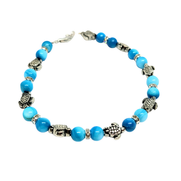 Blue Turtle bracelet, natural shell bracelet, turtle bracelet, stretch bracelet
