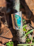 Sterling Silver Wide Band Ring with Opalized Wood, Adjustable (Size 8.5–9)