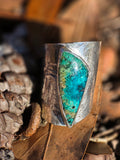Sterling Silver Wide Band Ring with Opalized Wood, Adjustable (Size 8.5–9)