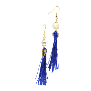 Blue skull tassel earrings, halloween jewelry