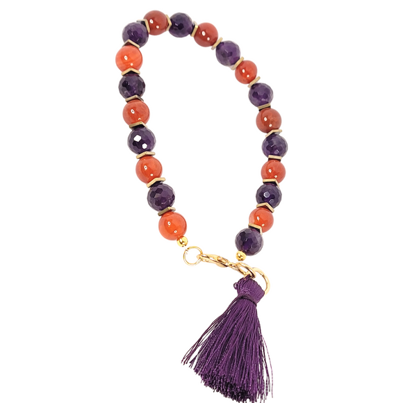 Amethyst and agate bracelet, Halloween colors, Orange and purple, Silk tassel charm. Local to central Florida. Jewelers in Central Florida