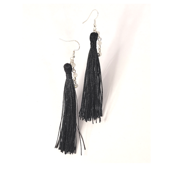 Black silk tassel earrings with small moonstone links, Silver wire. Central florida jeweler.
