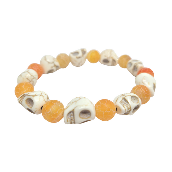Orange agate skull bracelet, Stretch cord, local business, handmade, gainesville florida, williston florida jewelry, Chiefland florida jewelry 