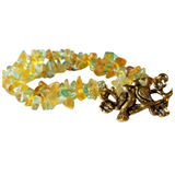 Yellow and blue glass beaded bracelet with a pewter love birds charm, gold plated with rhinestones
